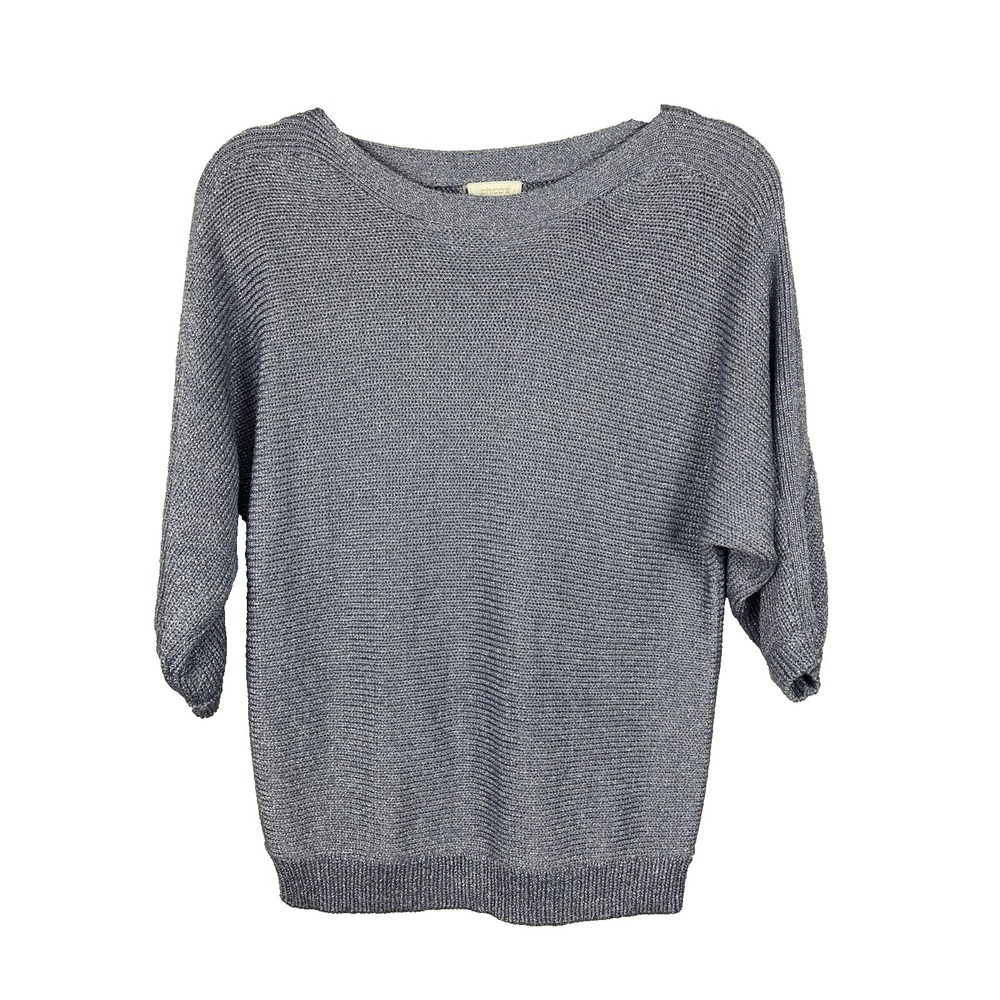 Chico's Sweater Women 2 (L) Purple Silver Metallic Stretch Three Quarter Sleeve